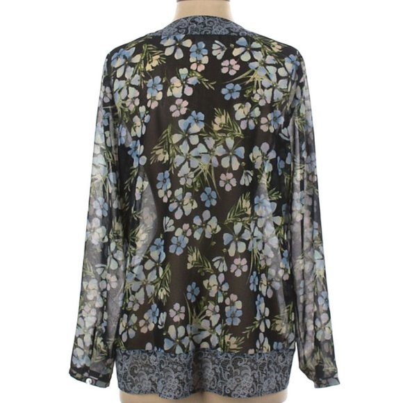 J. JILL Floral Lace Print Button Front Blouse Sheer Long Sleeve Navy Blue Small - Picture 2 of 16